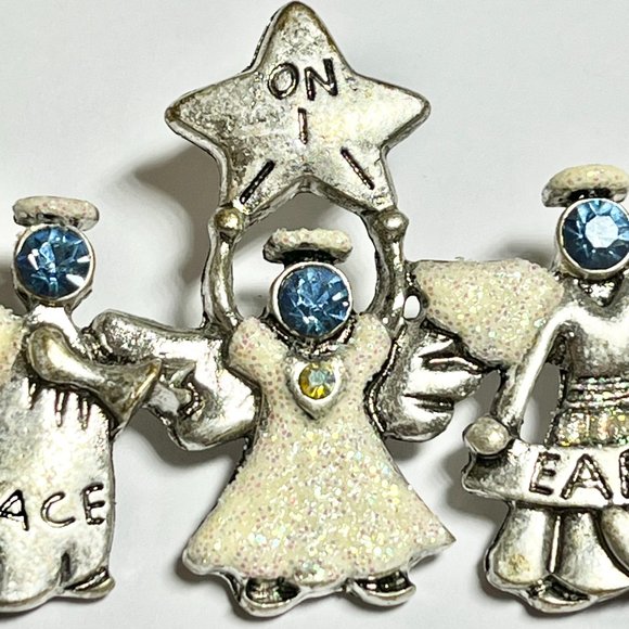 Vintage Christmas Angel Brooch Pin Silver Tone PEACE ON EARTH Star Blue Crystal - Picture 5 of 9